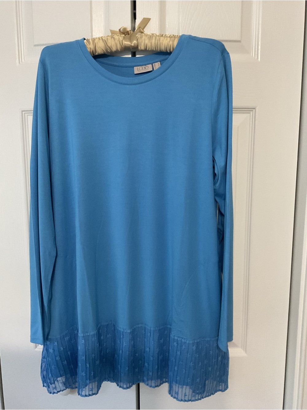 Logo Blue Long Sleeve Top with Pleated Hem